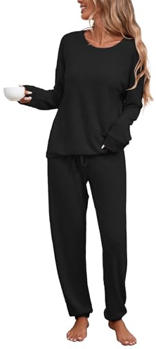 Famulily Women Long Sleeve Pyjamas Set Solid Color Crew Neck Shirt and Lounge Jogger Trousers Soft Nightwear Black M