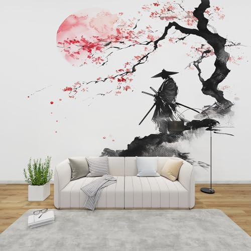 MMYAOKEN Papier Peint Panoramique Samouraï Japonais 350x256 cm - Décoration Murale Fleur de Cerisier - Tapisserie Murales Papier Peint Intissé pour Chambre Salon - Poster Tableaux Photo Muraux