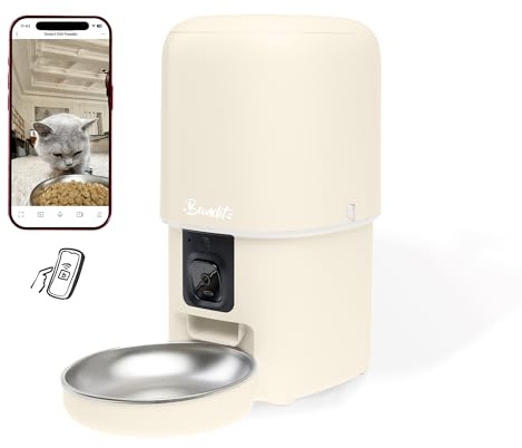 Bandit - Distributeur de croquettes Intelligent - Crème - 4L | Caméra HD et Micro - Suivi Diététique - Pour Chats et Petits Chiens - 15 Repas Programmables - Réservoir 4L Hermétique