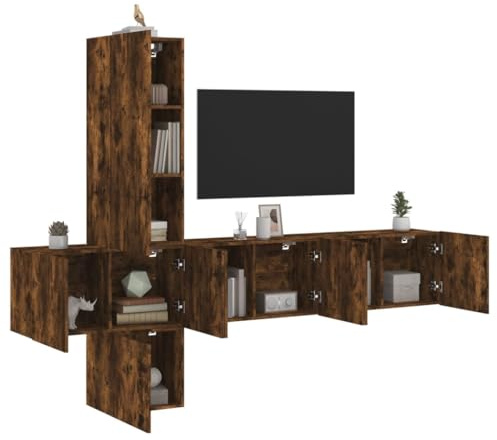 HETFTJN 5-TLG Wohnwand Räuchereiche Holzwerkstoff TV Board Lowboard mit Wandmontage platzsparend für Wohnzimmer Schlafzimmer Büro