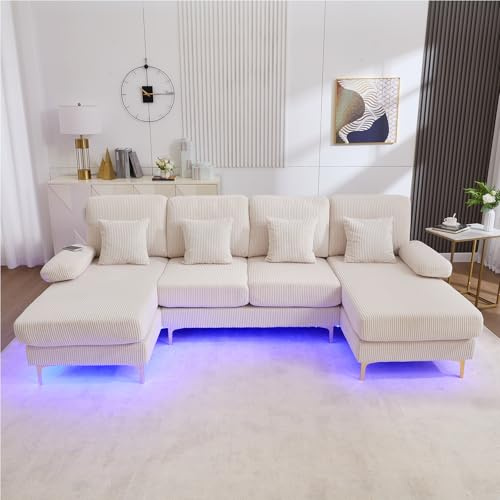 Dolamaní 4-Sitzer SamtSofa Massivholzrahmen, U-Sofa mit Doppelten Liegesitzen, 4 Kissen, Wohnlandschaft Eckcouch, für Wohnzimmer Büro Wohnung (Beige)