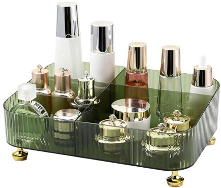 DASITON Makeup Organiser for Vanity, 5 Slots Makeup Brush Holder Organiser, Vintage Makeup Perfume Tray Cosmetic and Skincare Organisers for Dressing Table Bedroom Bathroom Desk Storage (Green)