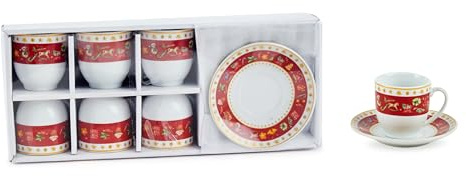 Generico Set 6 Tazzine da Caffè con Piattino 80ml in Porcellana Natalizia – Decorazioni Rosse e Dorate con Motivi Festivi