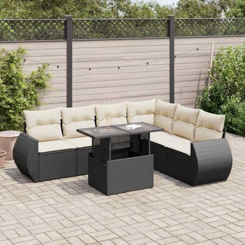 QJBSAVVA 7-TLG. Schwarze Rattan-Gartenlounge, höhenverstellbarer Tisch, Stahlrahmen, 110 kg, UV-beständig, Balkon/Terrasse