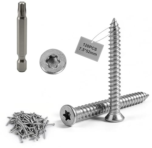MIGUBIGU 120 Pcs Fensterschrauben Rahmenschrauben Ø7.5 x 52 mm | Terrassenschrauben mit Edelstahl Bit Torx 30,Betonschrauben Ohne Dübel, Fassadenschrauben für Beton, Türen und Fenster, Wände