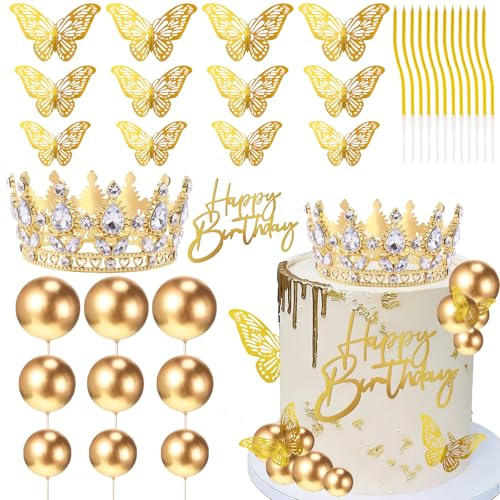 Morofme Diamond Crown Cake Topper 35Pcs, Gold Cake Balls Cake Decorations with AcrylicHappy Birthday Card, Gold Butterfly Sign Birthday Decoration for Family Gathering Wedding Decor