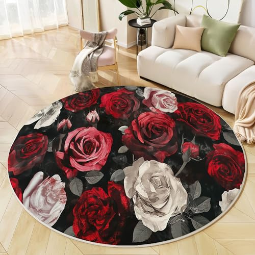 Teppich Wohnzimmer Rund 80 cm Teppiche Schlafzimmer Kurzflor, Rosen Waschbar rutschfest Teppiche Dunkelrot Elegante Blumen Teppich Für Wohnzimmer Schlafzimmer Esszimmer