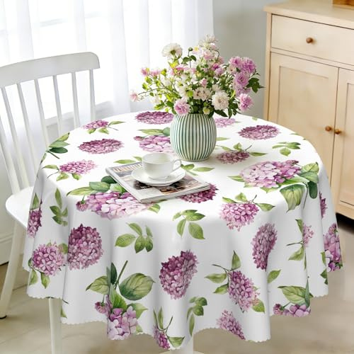 Tischdecke Rund 120 cm Wetterfest Abwaschbar - Polyester Hortensie Floral Muster - Outdoor Tischdecke für Garten Küche Esszimmer Balkon - für 2-4 Personen - Wasserdicht & Langanhaltend