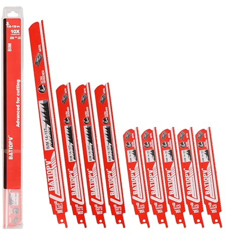 BATIOPV Reciprocating Saw Blades for Metal, 9 Piece Set, 18 TPI – Bi-Metal Blades for Stainless Steel, Steel, Pipes & Profiles – 1/2 Universal Shank