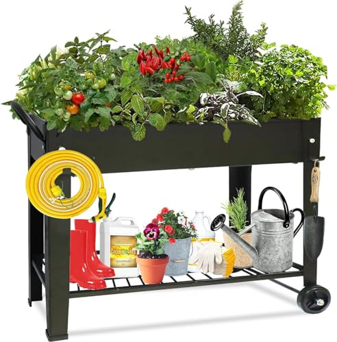 Hochbeet Balkon, Hochbeet mit Rädern und Ablage, Pflanzkasten & Blumenkasten, Pflanzbeet Kräuterbeet Blumenbeet, 101 x 28 x 80 cm, Frühbeet und Gewächshaus für Balkon Garten Terrasse, Schwarz