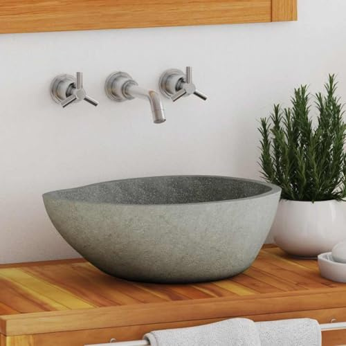 Lavabo ovale en pierre de rivière anthracite avec trou de robinetterie pour lavabo, lavabo en pierre 37 à 46 cm comme élégant lavabo de toilettes d'invités avec meuble sous vasque compatible
