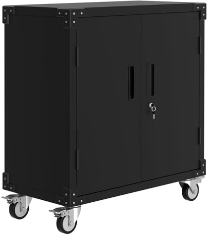 Thaookte Werkzeugschrank Mit Rollen Und Pegboard, Metallschrank Mit 2 Türen Und 2 Verstellbaren Einlegeböden, Schrank Aus Stahl, Abschließbar Für Garage, Haus Und Büro, Schwarz, 80 x 42 x 90 cm