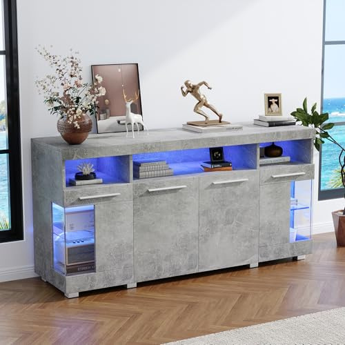 DACHETOU Mesa auxiliar de color cemento, gris 140 x 40 x 70 cm, armario lateral de salón brillante, aparador ancho, armario lateral de vidrio templado con 3 compartimentos