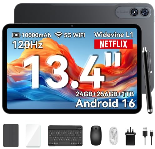 VekfulPC 13 inch Tablet Android 16,13.4 Large Screen Tablets with Keyboard | with Case & Pen, Mouse, 24GB RAM+256GB ROM, 120Hz 2K Display, 10000mAh/18W, T7280 Octa-Core, Gemini AI, OTG, 16MP+8MP