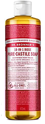 Dr. Bronner's 18-in-1 Rose Pure Castole Flüssigseife, hergestellt mit Bio-Ölen, verwendet für Gesicht, Körper, Haare, Wäsche, Haustiere und Geschirr, zertifiziert Fair Trade und vegan, recycelte