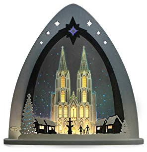 weigla - LED Lichterspitze original Erzgebirge I Motiv Kölner Dom I LED Lichterbogen Weihnachten I Größe 52 x 53,5 x 9 cm I beleuchtete Weihnachtsdeko innen I aus Holz