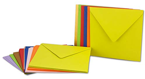 50x farbige Brief-Umschläge gemischt - quadratisch - 155 x 155 mm - bunte Mischung - Haftklebung/Nassklebung - Mit und Ohne Futter - GUSTAV NEUSER