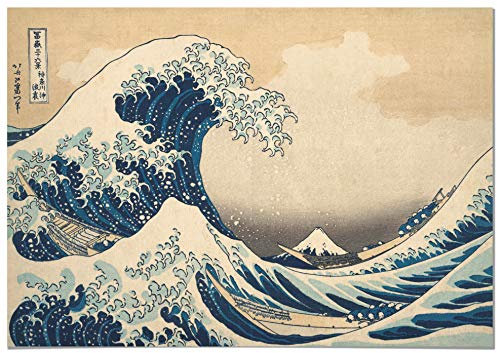Panorama Leinwandbild Bild Hokusai Die große Welle Kanagawa 30x21cm - Gedruckt auf Leinwand - Wandbild Wohnzimmer - Dekoration Schlafzimmer