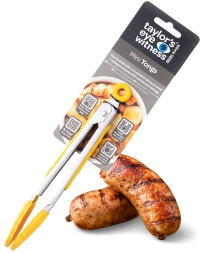 Taylors Eye Witness Small Steel Yellow Silicone Tongs - Dishwasher Safe. Sturdy Build, Non-Scratch Heads And Convenient Locking Mechanism. Odour, Stain & Heat Resistant (260°C/500°F). 5 Year Guarantee