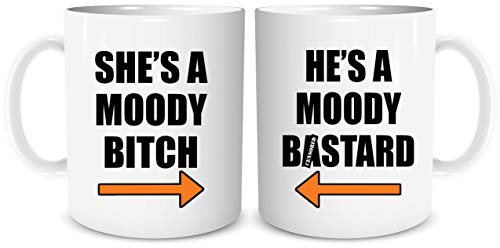 Peachy Antics Set of 2 Mugs Funny Rude Couples Mug Set Coffee Mugs Cup Moody Bitch Moody B*stard Novelty Joke Wedding Gift Housewarming Present His and Hers WSDMUG1939, White