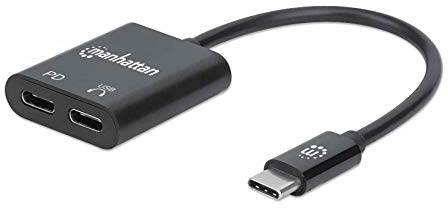 Manhattan USB-C to USB-C Audio Adapter and USB-C (inc Power Delivery), Black, 480 Mbps (USB 2.0), Cable 11cm, With Power Delivery to USB-C Port (60W), Three Year Warranty, Retail Box