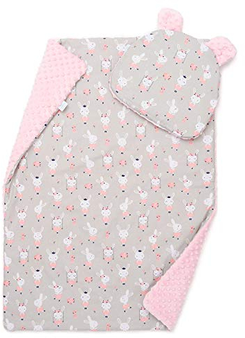 EliMeli Baby-Set BABYDECKE mit Kissen Babybettwäsche Minky Decke mit Kopfkissen für Mädchen und Junge Kuscheldecke mit Kinderkissen für Kinderwagen oder Bett (75x100, Rosa - Hase)