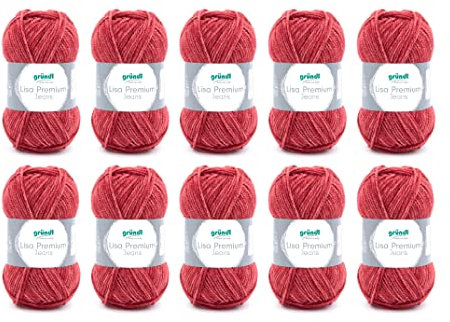 Gründl Wolle Lisa Premium Jeans, Yarn for Knitting with Colour Gradient, Knitting Yarn, Crochet Yarn, Soft and Skin-friendly, 100% Polyacrylic, 10 Balls 50 g / 133 m, Needle Size 3.5-4.5, Oriental Red