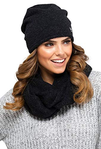 Kamea Winterset für Damen Anna 2-Teilig bestehend aus Loop-Schal und Wintermütze, Beanie, Damenschal als Winter-Schal, hergestellt in EU, Winter Set:Schwarz