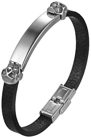 JewelryWe Schmuck Totenkopf Armband Armreif Herren mit Gravur, Edelstahl Totenkopf Schädel Lederarmband Armspange Silber Gold Halloween Geschenk