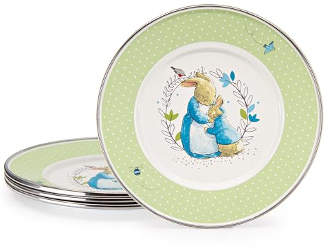 Golden Rabbit Enamelware Child Plates, 8.5 inch, Polka Dot Peter, Set of 4