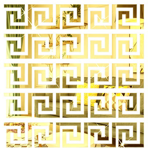 SelfTek 60 Stück Abnehmbare Acrylspiegel Spiegel Wandaufkleber Gold Spiegel Abziehbilder Geometrische Griechische Schlüsselmuster für zu Hause Schlafzimmer Hintergrund Dekoration (Gold)