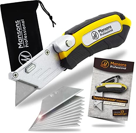 Mansons Profi Cuttermesser klappbar - Faltbares Teppichmesser Metall extra Scharf mit 13 Ersatzklingen - Klappmesser mit Gürtelclip, Universalmesser für Teppich, Tapeten und Karton