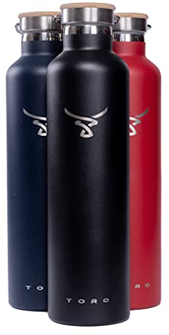 Toro Insulated Steel Water Bottle – Vacuum Metal Flask | Cold 24 Hours & Hot 12 Hours | Stainless Steel Lid & Sports Cap with Straw | Leak Proof No Condensation | 600ml / 750ml / 1000ml / 1L, Black