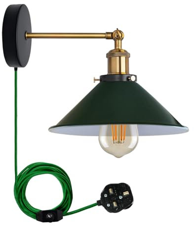 LEDSone Retro Industrial Wall Light Plug in Wall Lamp Metal Cone Shape Shade Indoor Light Fitting with Dimmer Switch for Bedroom, Hallway, Restaurants, Green, With Bulb