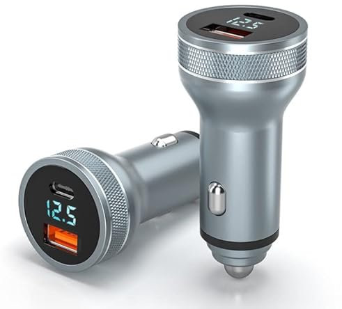 Universal Metal Dual Ports USB C LED Voltage Detector Display Car Charger Socket, Type C USB Fast 36W Car Adaptor Cigarette Lighter PD Quick Phone Charger QC3.0 for iPhone, Samsung, Xiaomi, HTC iPad