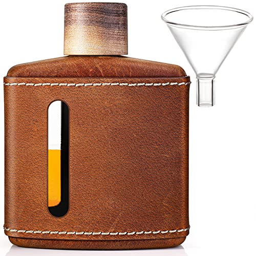 Handgefertigte Crazy Horse Leder-Flachmann für Likör für Männer, Glas-Whiskeyflasche mit Trichter & Holzdeckel, Premium-Flachmann-Set, Geschenkidee für Männer und Frauen (200 ml)