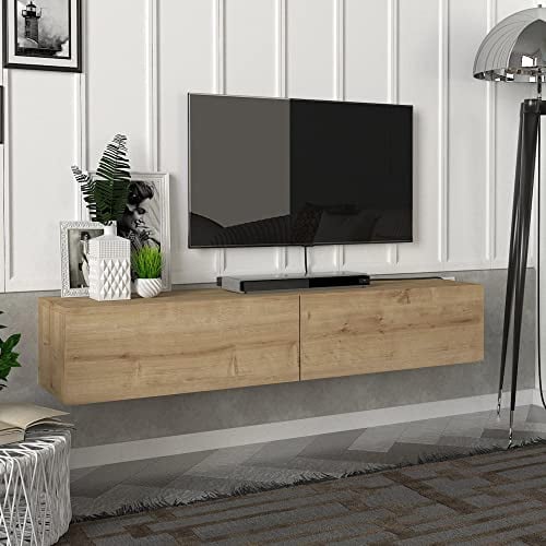 [en.casa] Mobile TV da Parete con 2 Ante a Ribalta Mensola Porta TV 135 x 31 x 25 cm Armadietto Pensile da Soggiorno Camera da Letto - Effetto Rovere