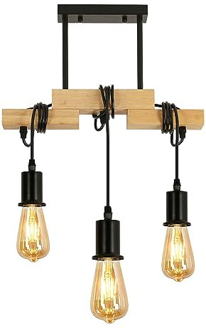 DAXGD Vintage Pendelleuchte, Hängelampe im Retro-Stil aus Holz und Metall, E27-Leuchtmittel für Küche, Esszimmer, Wohnzimmer, 3 Glühbirnen nicht im Lieferumfang enthalten, max. 60 W