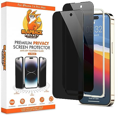 Slapback Premium Privacy Screen Protector for iPhone 14 Pro Max [2-Pack] [6.7 inch Display] Anti-Spy 28 Degree Blackout 9H Hardness Full Coverage Tempered Glass Easy Install Frame Case-Friendly