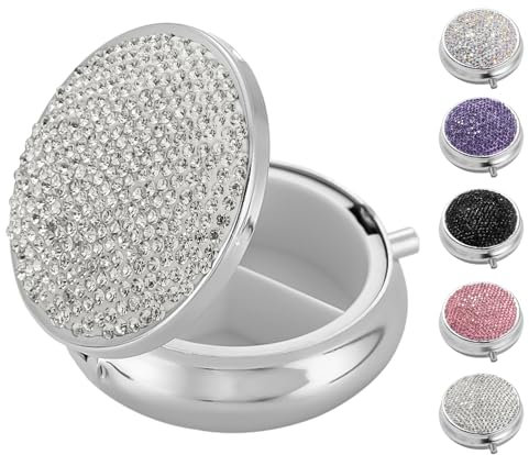 Bling Klein Pillendose für Unterwegs, Strass Pille Fall für Frauen Mädchen Fischöle Vitamine Medizin, Metall Tragbare Pillendose Organizer für Geldbörse, Tasche, Reise (Bling Weiß)