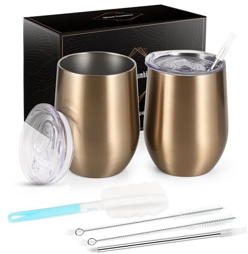 Joymaking 2 bicchieri da vino in acciaio inox, con coperchio, a doppia parete, per latte, caffè, vino, birra, champagne, cocktail, oro champagne