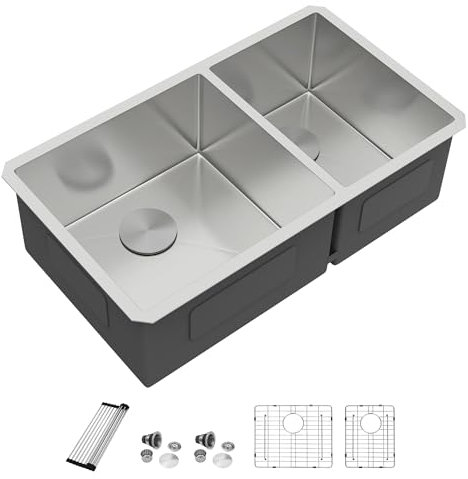 Dcolora 36 Extra Large Double Bowl Kitchen Sink Undermount 60/40 Split 16 Gauge 304 Stainless Steel Double Sinks, Round Corner 36x19x10 DC-U7741