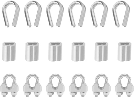 PNXKTXO 6pcs M5 Wire Rope Cable Clip Clamp 3/16, 6pcs Stainless Steel Thimbles, 6pcs Aluminum Crimping Loop Sleeve