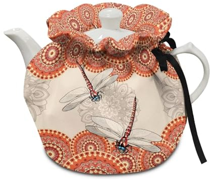 Poceacles Bohemian Mandala Dragonfly Print Tea Cosy Dust Cover for Tea Kettle Insulated Tea Cozy Breakfast Warmer Washable Oil-Proof Dust-Proof Protective Cover for Teapots Coffee Pot