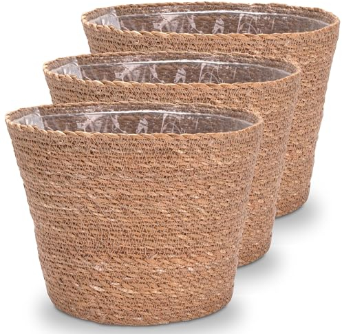 Decorasian Pflanzkorb – Übertopf geflochten – dekorativer Seegras Blumentopf mit Folieneinsatz im Boho Stil, 3 Stück 25cm