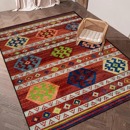 Jiyuhang Wohnzimmer Teppich 140x200, Boho Vintage Kurzflor Waschbar Bunt Dunkelrot, Blau Grün Geometrisch Karo Design für Heimdekoration
