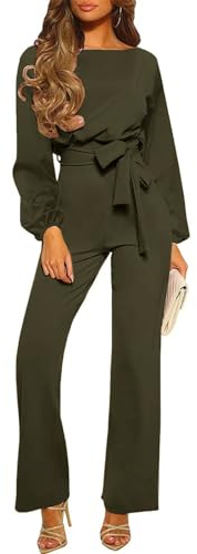 RMBLYfeiye Bodysuit Women Ganzkörper Jumpsuit Damen Grün Blaumann Für Frauen Boot-Ausschnitt Einfarbiges Festlich Hosenanzug Langarm Straight Leg Jumpsuit Mit Gürtel Blaumann Damen (Armeegrün, M)