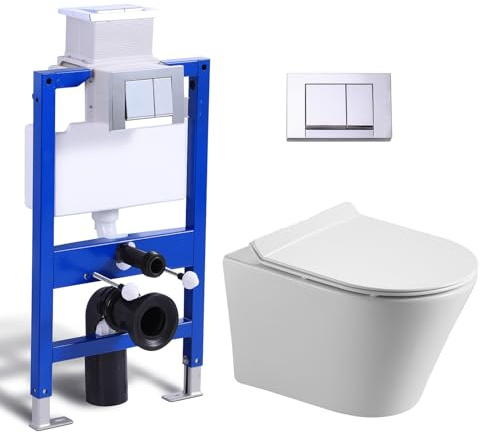 Hänge WC Spülrandlos Mattschwarz mit Unterputz Spülkasten, Toilette und Vorwandelement WC Set Komplett, WC Drückerplatte, Wand WC mit Soft-Close Absenkautomatik Deckel, Kloschüssel für Gäste wc