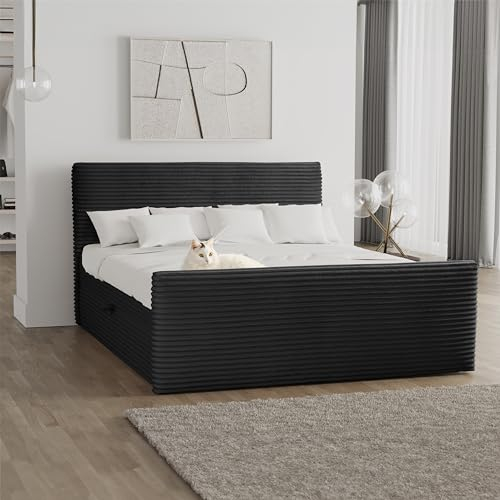 Kaiser Möbel - Bett 180x200 cm, Boxspringbett mit Bettkasten und Topper, Cord Schlafzimmerbett, Doppelbett mit Stauraum und Gepolstertes Kopfteil, Toppermatratze aus Viscoschaum - Trento - Schwarz