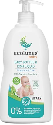 Ecolunes Liquide sans parfum pour biberons et vaisselle 99,5% d'ingrédients d'origine naturelle, ne provoque pas d'allergies, à base de détergents d'origine végétale, testé dermatologiquement, 750 ml